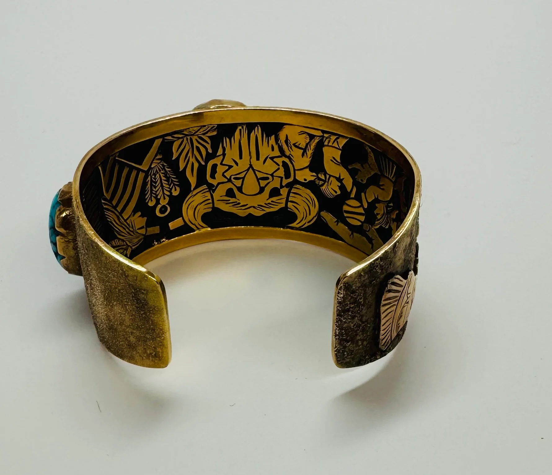 14k Gold Cuff Story Teller Bracelet with Three Turquoise Stones. - Image 2