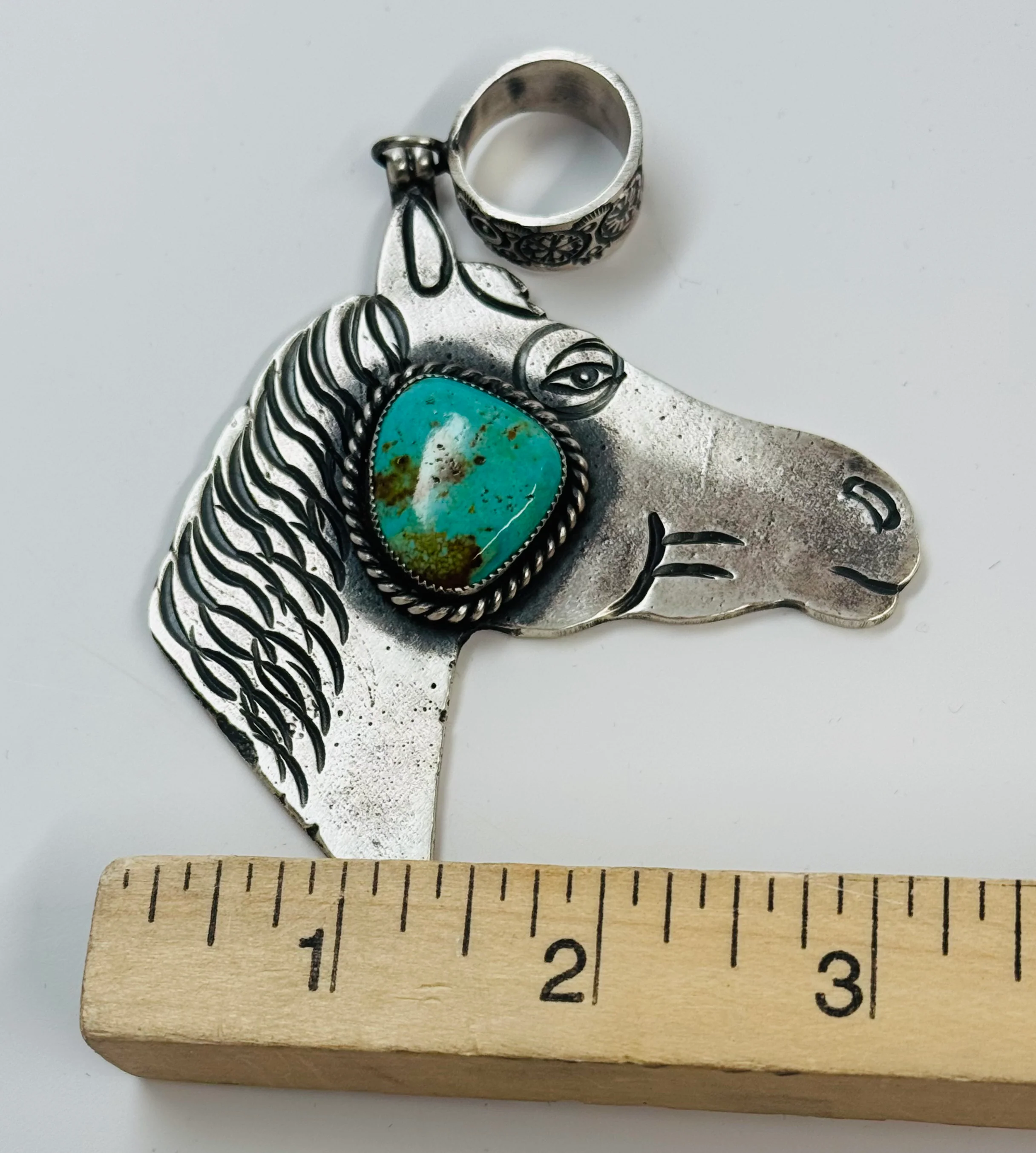 Sand Cast Silver and Turquoise Horse Pendant - Image 2
