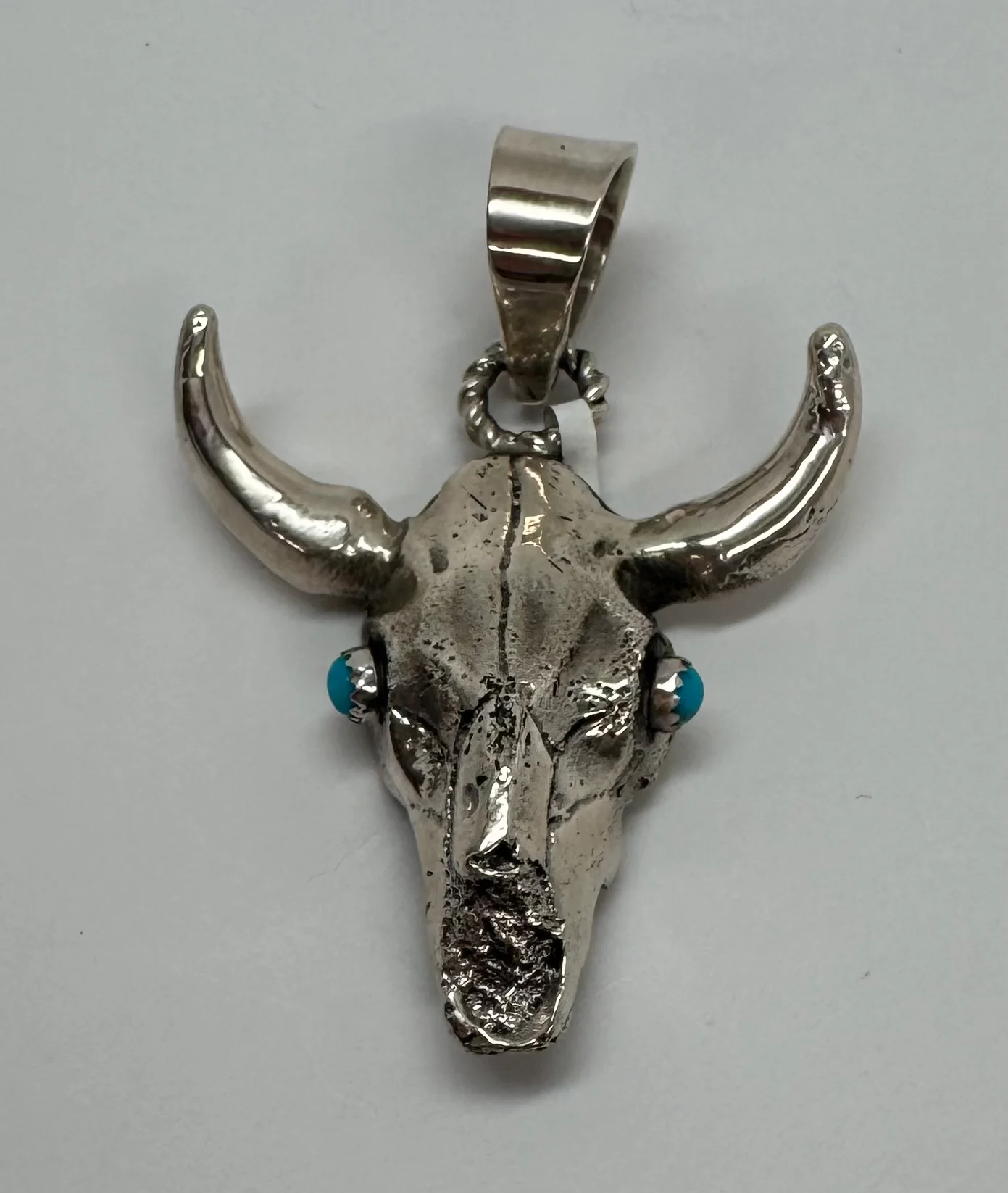 Silver Longhorn Skull with Turquoise Eyes Pendant