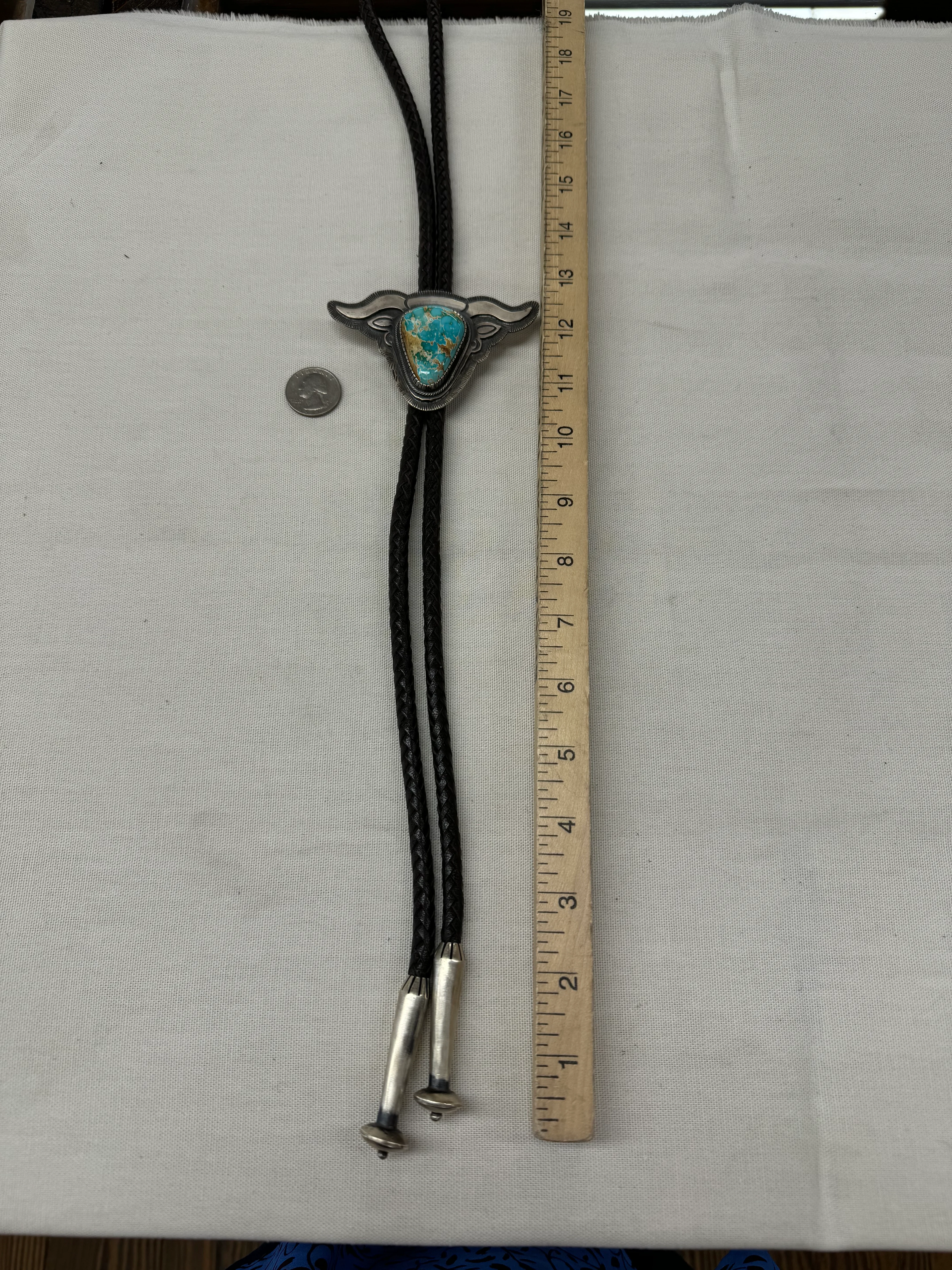 Steer Head Bolo Tie with Turquoise Stone and Silver Tips - Image 2